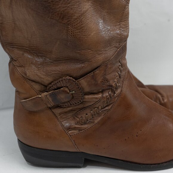 Brown Leather Boots Knee High Pirate Renaissance Cosplay  90s Harness Pull On - Picture 10 of 16